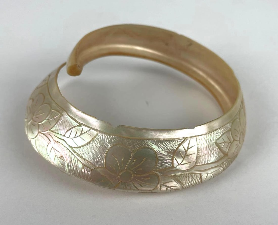 Vintage Mother of Pearl Floral Engraved Cuff Bracelet: Some chips, measures 3 1/2" at widest point