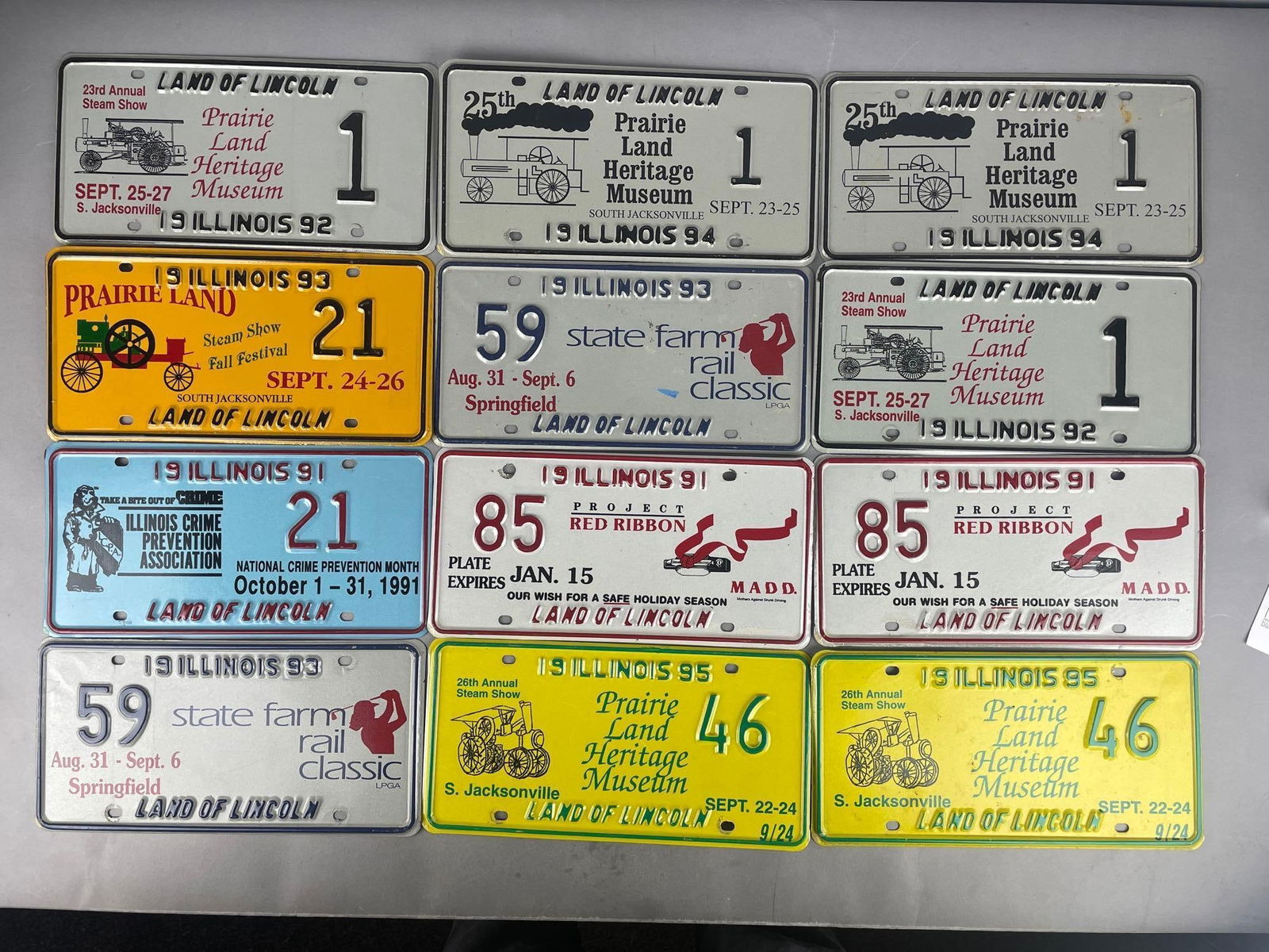 Group of Illinois Special Events License Plates: Includes prairie land heritage museum, MADD