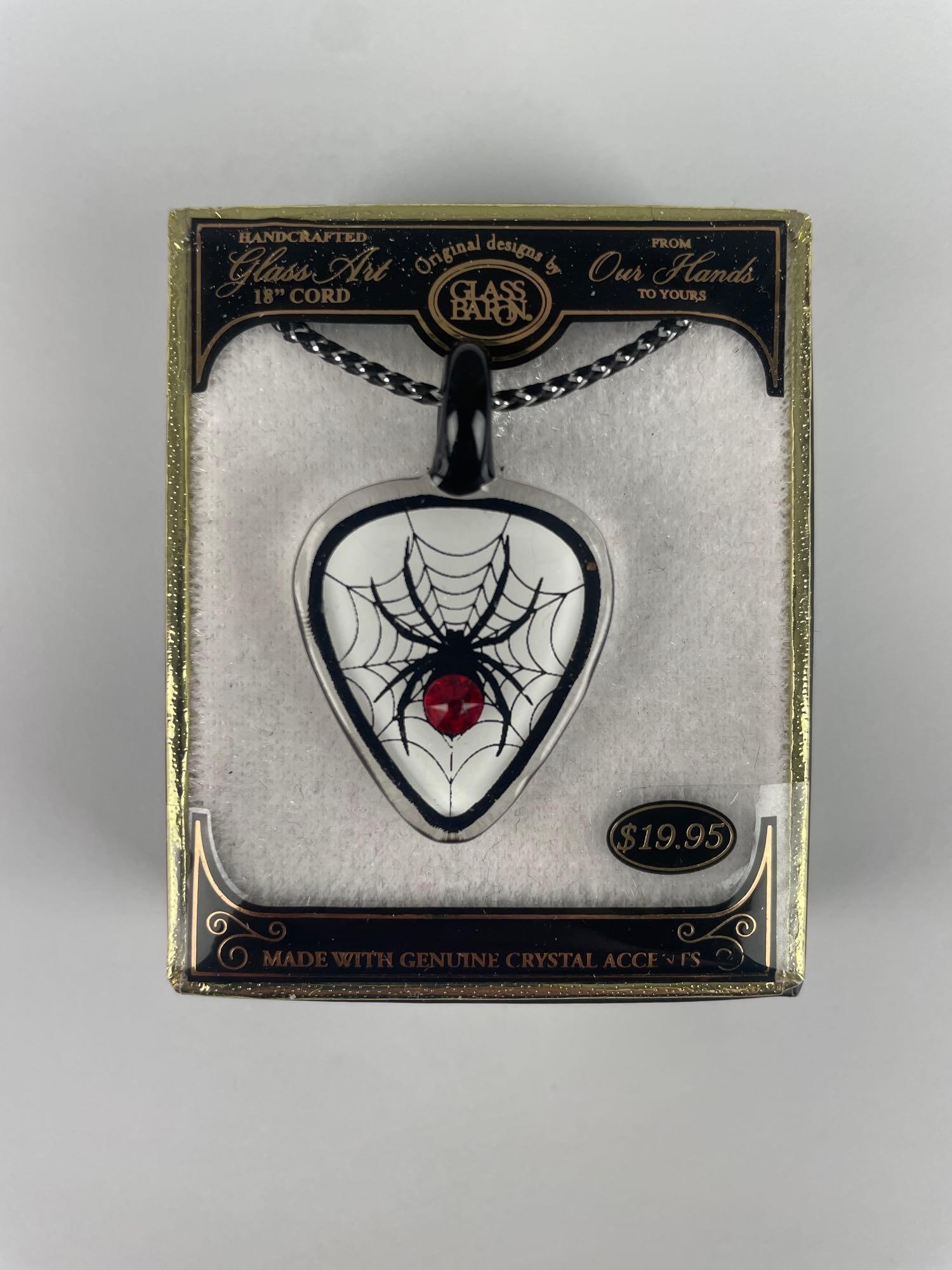 Glass Baron JP 598 Guitar Pick Pendant: Black widow spider, crystal accents, 18" core necklace