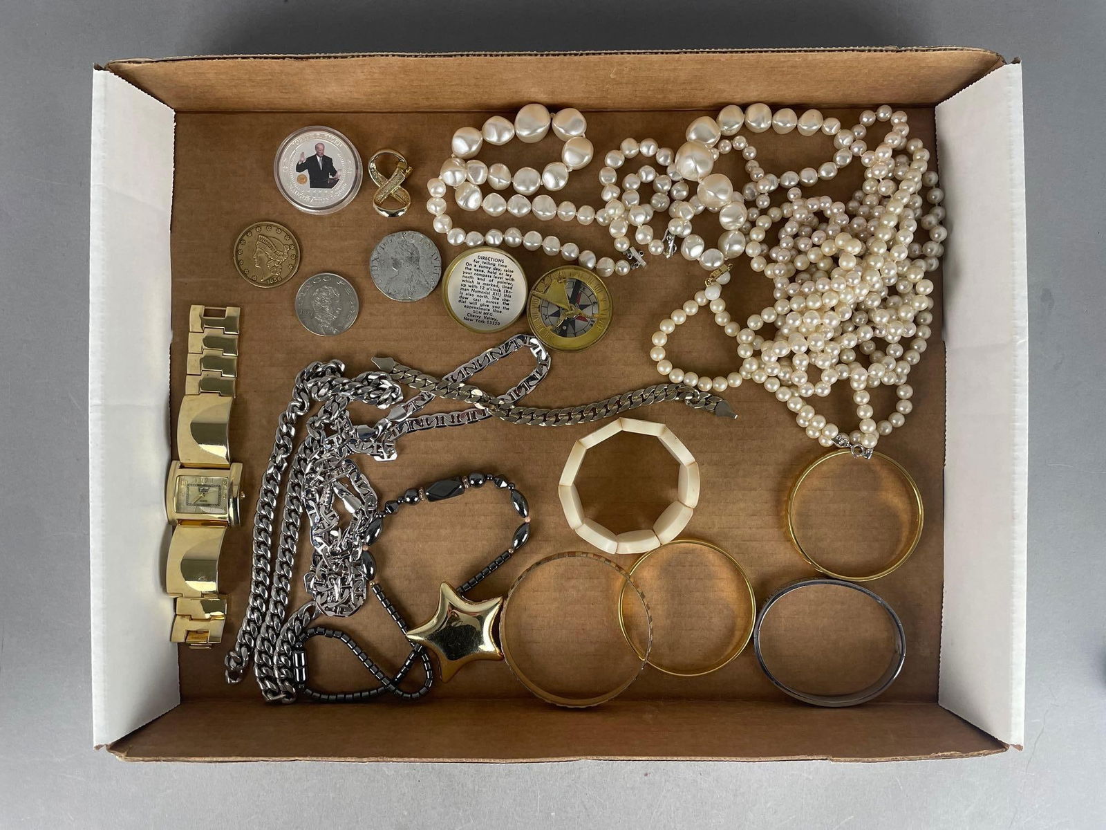 Group of Costume Jewelry and More: Includes coins, Son pocket compass sundial, necklaces, bracelets