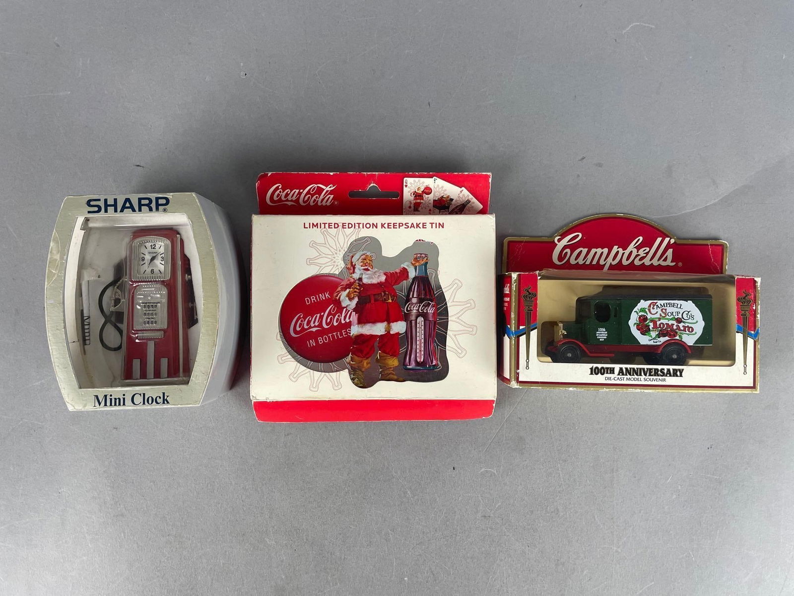 Group of Advertising Items: Includes Coca-Cola playing cards, Campbells diecast truck, sharp gas pump clock
