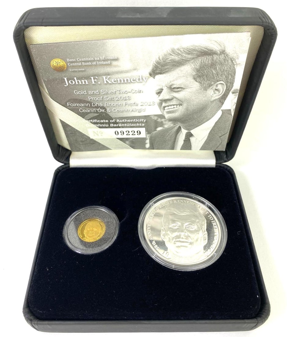 2013 Central Bank of Ireland John F. Kennedy Two-Coin Gold Silver Proof Set: Includes COA. Features €20 1g .999 Fine Gold Coin and €10 28.85g .925 Sterling Silver Coin.