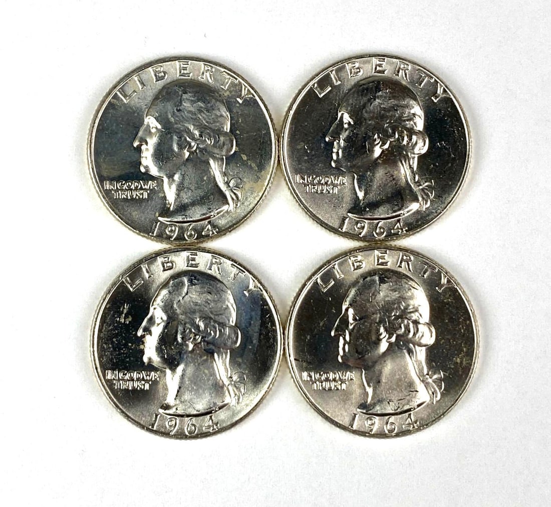 Group of 4 BU 1964 US Washington Silver Quarters (1 of 2)