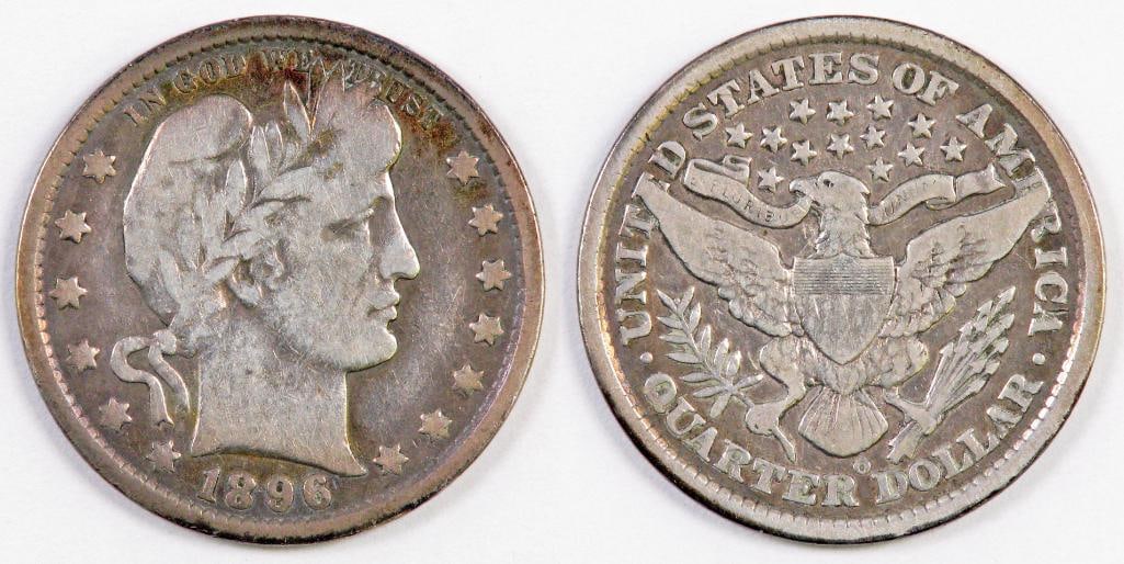 1896 O Barber Silver Quarter.: F.