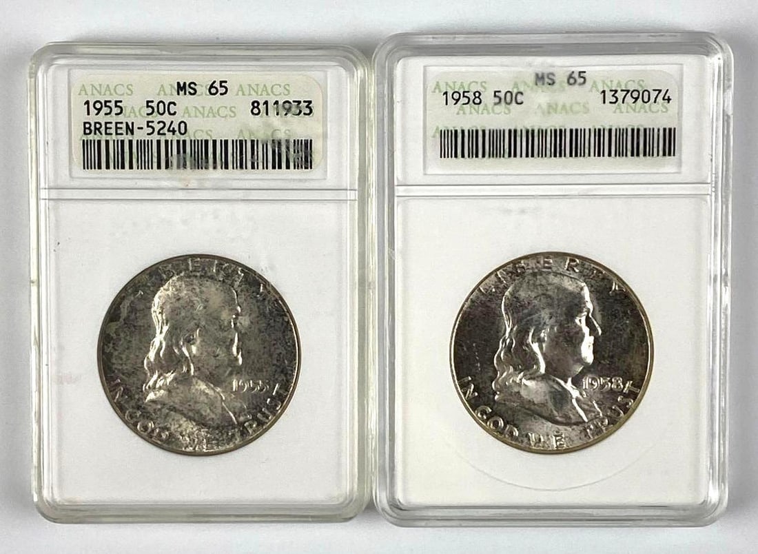 Group of 2 Franklin Half Dollars ANACS Graded MS65: Includes years 1955 and 1958.