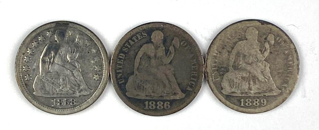 Group of 3 Seated Liberty Silver Dimes: Includes years 1858, 1886 and 1889 S.