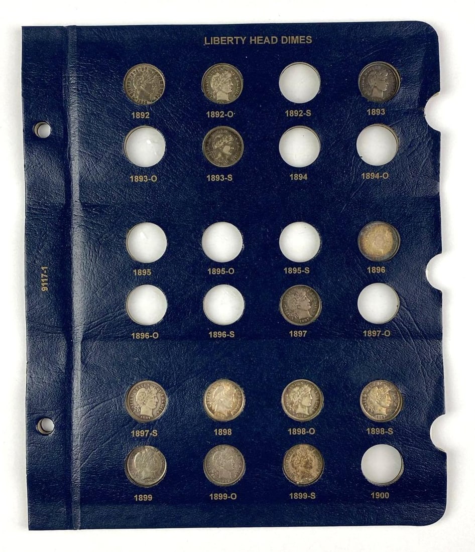 Group of 13 US Barber Dimes: Includes years 1893, 1897, 1899 S and more. In album sleeve.