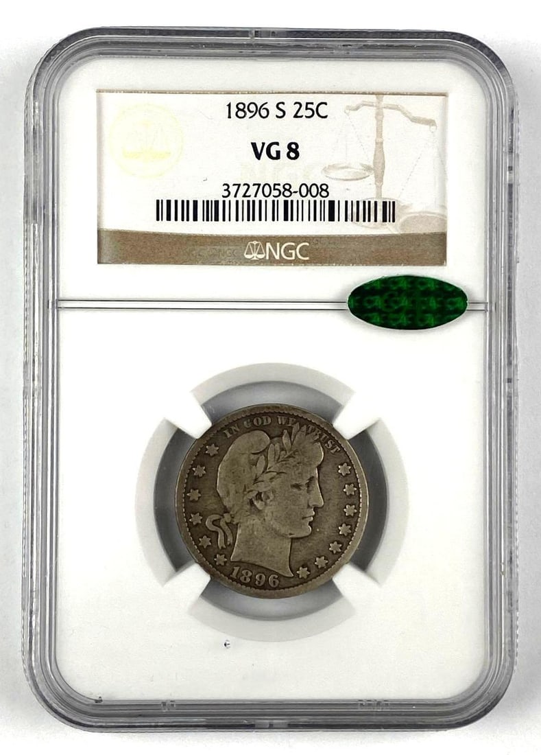 1896 S US Barber Silver Quarter NGC Graded VG8: 1896 S US Barber Silver Quarter NGC Graded NG8