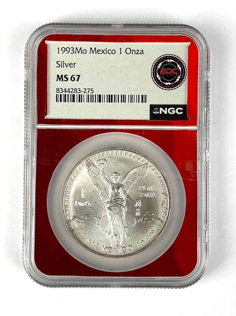 1993 Mexico Libertad 1 Onza 1 oz .999 Silver NGC Graded MS67: EDC Plug