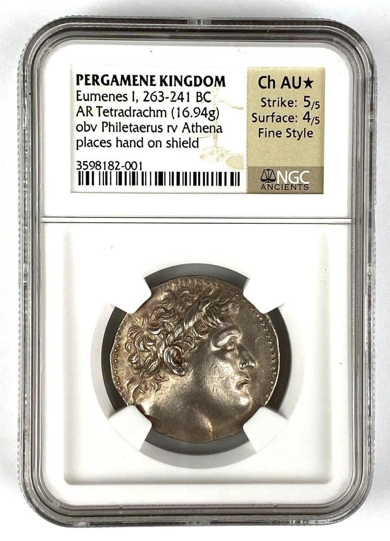 Pergamene Kingdom Eumenes I 263-241 BC NGC Ancients AR Tetradrachm CH AU: obv Philetaerus Rev Athena places hand on shield. The eunuch Philetaerus played a canny game of power poker in the years following the death of Alexander the Great. Entrusted with an immense treasure