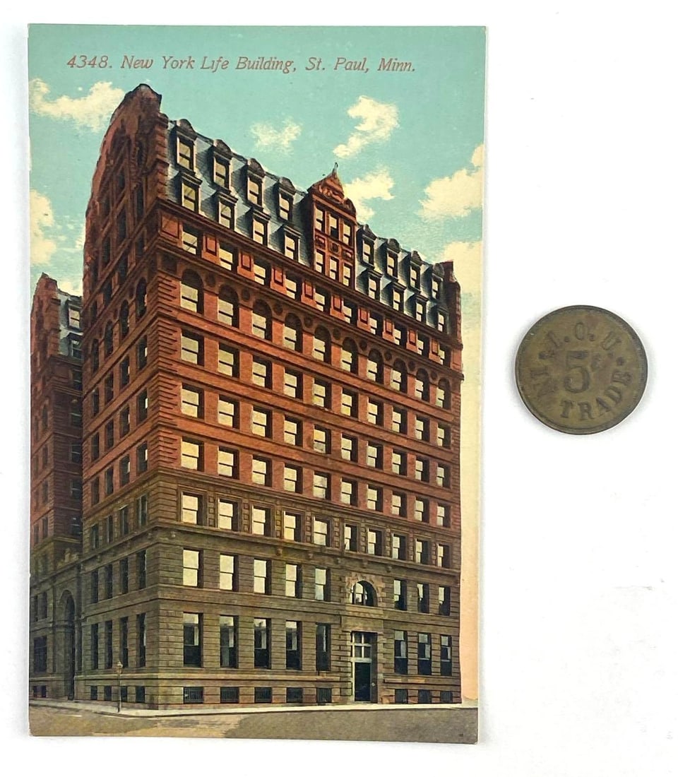 New York Life Building Postcard and Cigar Stand Token: Includes Postcards and I.O.U. 5 cent in trade Token for cigar stand in the lobby of New York Life Building.