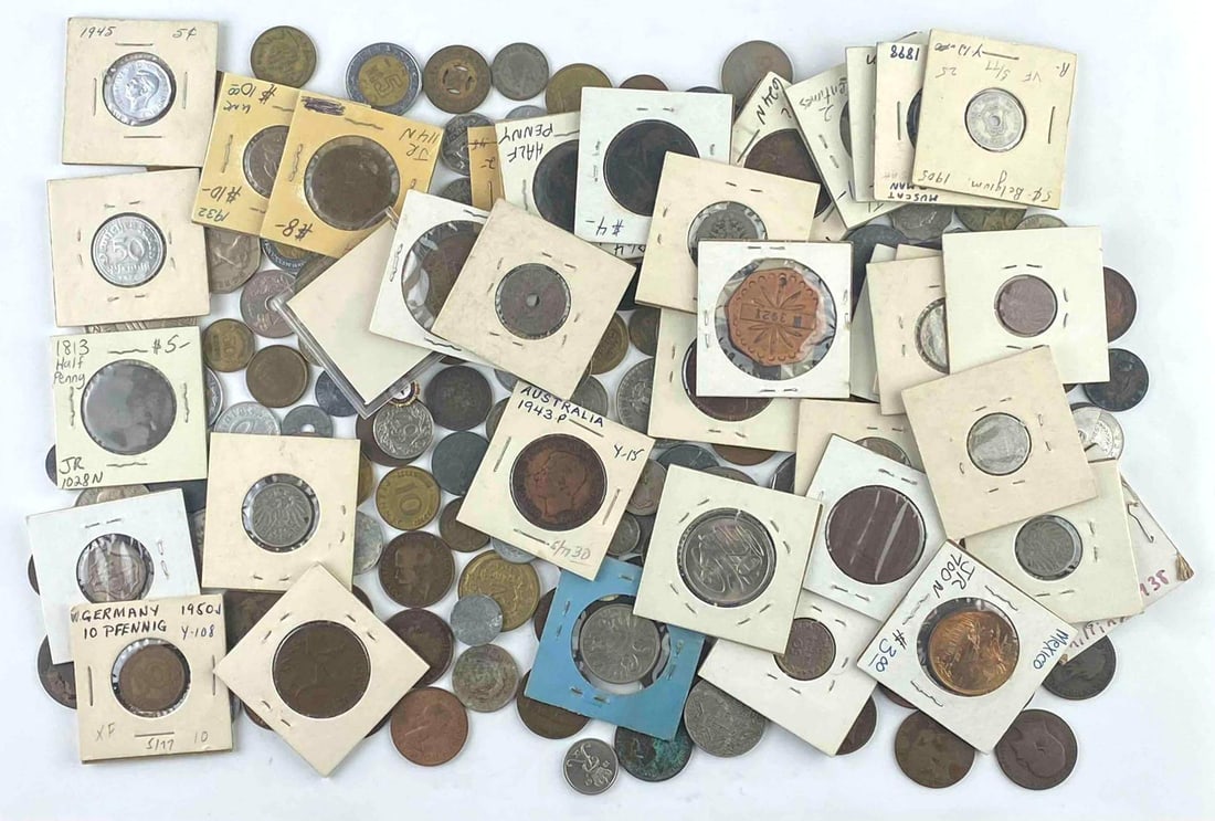 Group of 50 + World Currency and More: Includes West Germany 1950 10 Phenning, Prussia 1860 PF, and more.