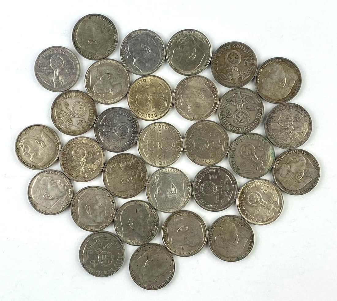 Group of 30 WW2 German Paul Von Hindenburg 2 Reichsmark Silver Coins: Circa 1930?s.