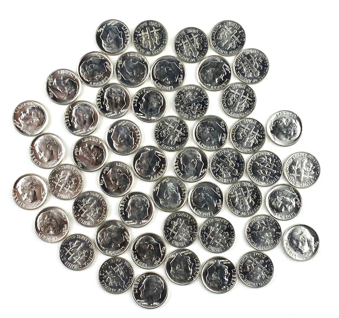 Group of 50 1962 US Roosevelt Silver Dimes: 1962 US Roosevelt Silver Dimes