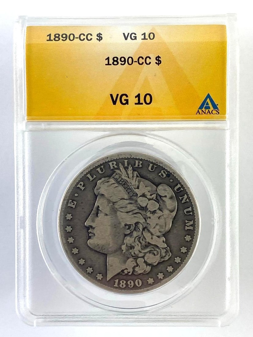 1890 CC US Morgan Silver Dollar ANACS Graded VG10: 1890 CC US Morgan Silver Dollar ANACS Graded VG10