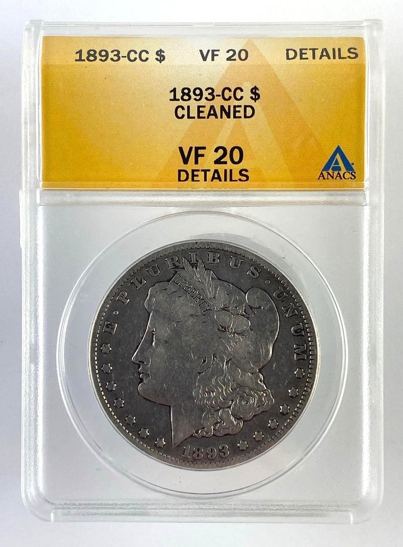 1893 CC US Morgan Silver Dollar ANACS Graded VF20 Cleaned: 1893 CC US Morgan Silver Dollar ANACS Graded VF20 Cleaned