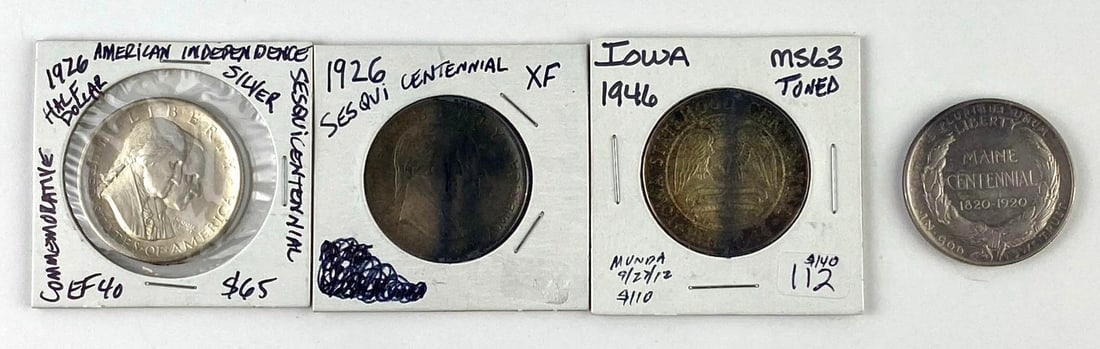 Group of 4 US Sesquicentennial Silver Half Dollars and More: Includes 2 1926 Sesquicentennial Silver Half Dollars, 1946 Iowa Centennial Silver Half Dollar, and 1920 Maine Centennial Silver Half Dollar.