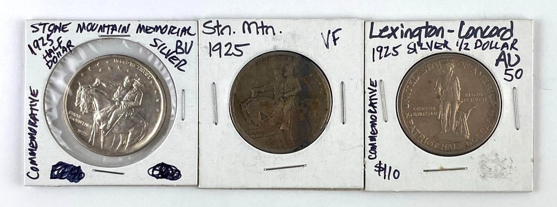 Group of 3 1925 US Stone Mountain Memorial Silver Half Dollars and More: Includes 1925 US Lexington Concord Silver Half Dollar and 1925 US Stone Mountain Memorial Silver Half Dollars.