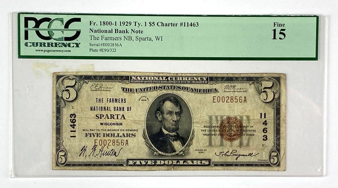 1929 Type 1 $5 National Bank Note - Sparta, Wisconsin (PCGS) 15 F: Fr. 1800-1, Serial # E002856A, The Farmers National Bank of Sparta Wisconsin, Fine 15