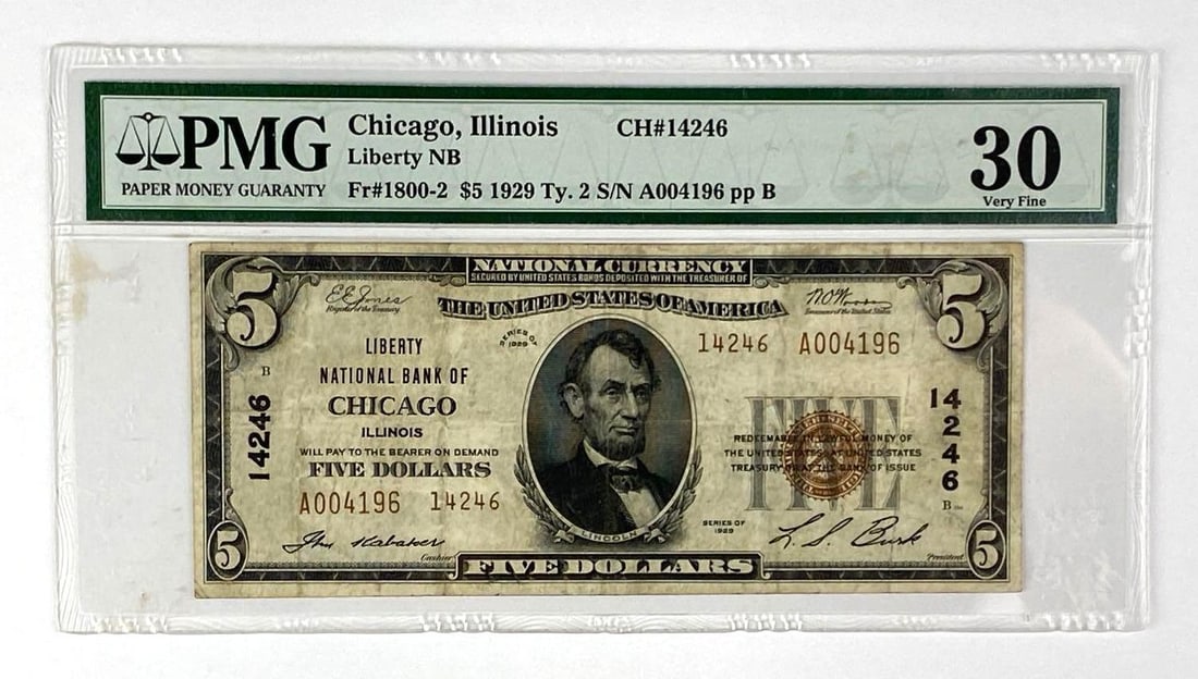 1929 Type 2 $5 National Currency Note - Chicago, Illinois (PMG) 30 VF: Fr. 1800-2, Serial # A004196 pp B, Liberty National Bank of Chicago Illinois, 30 Very Fine.