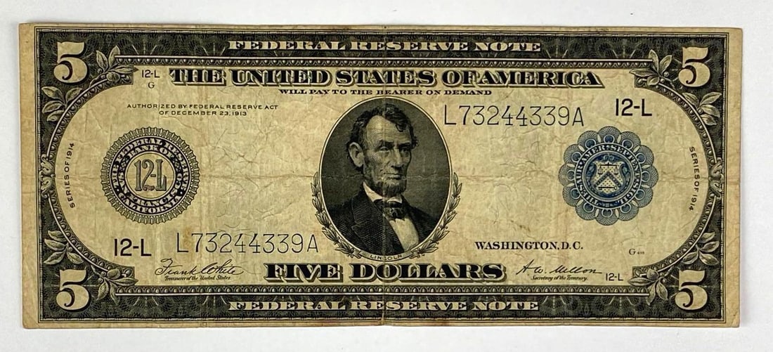 1914 $5 Federal Reserve Note Large Size: Fr 891A.12, White and Mellon, Fine