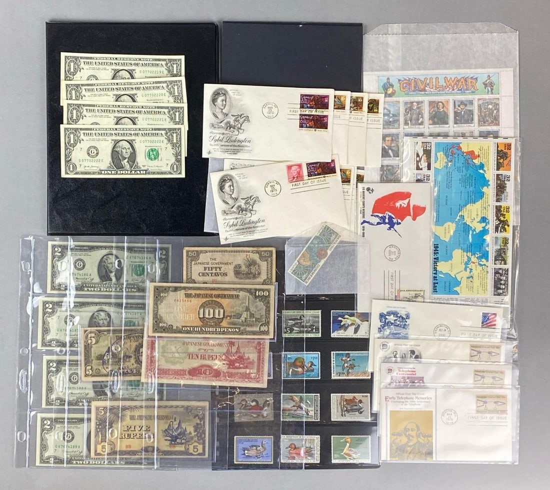 Group of Assorted Currency Bills and More: Includes 2017 $100 5 Gram .999 Fine ASilvertowne Currency Strike, Declaration of Independence 1/10 Gram .999 Fine Gold, Japanese Peso bill and More.