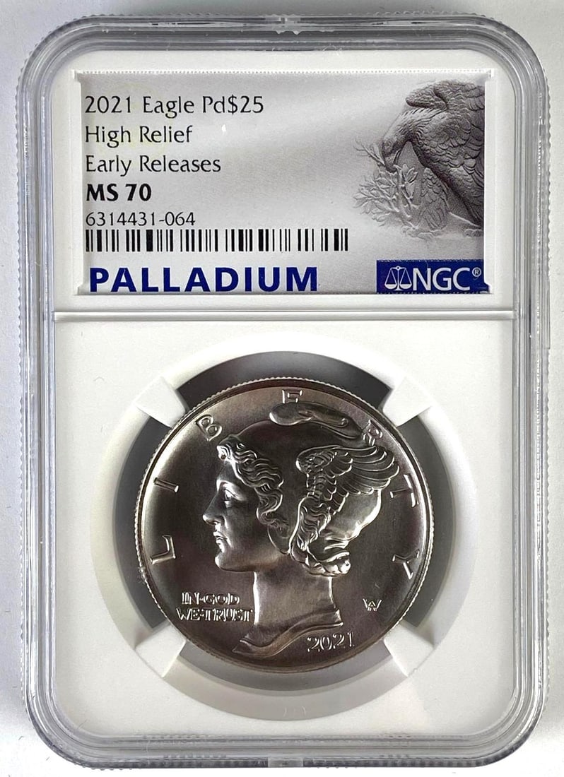 2021 $25 Palladium Eagle High Relief 1oz Coin NGC MS70: NGC graded MS70.