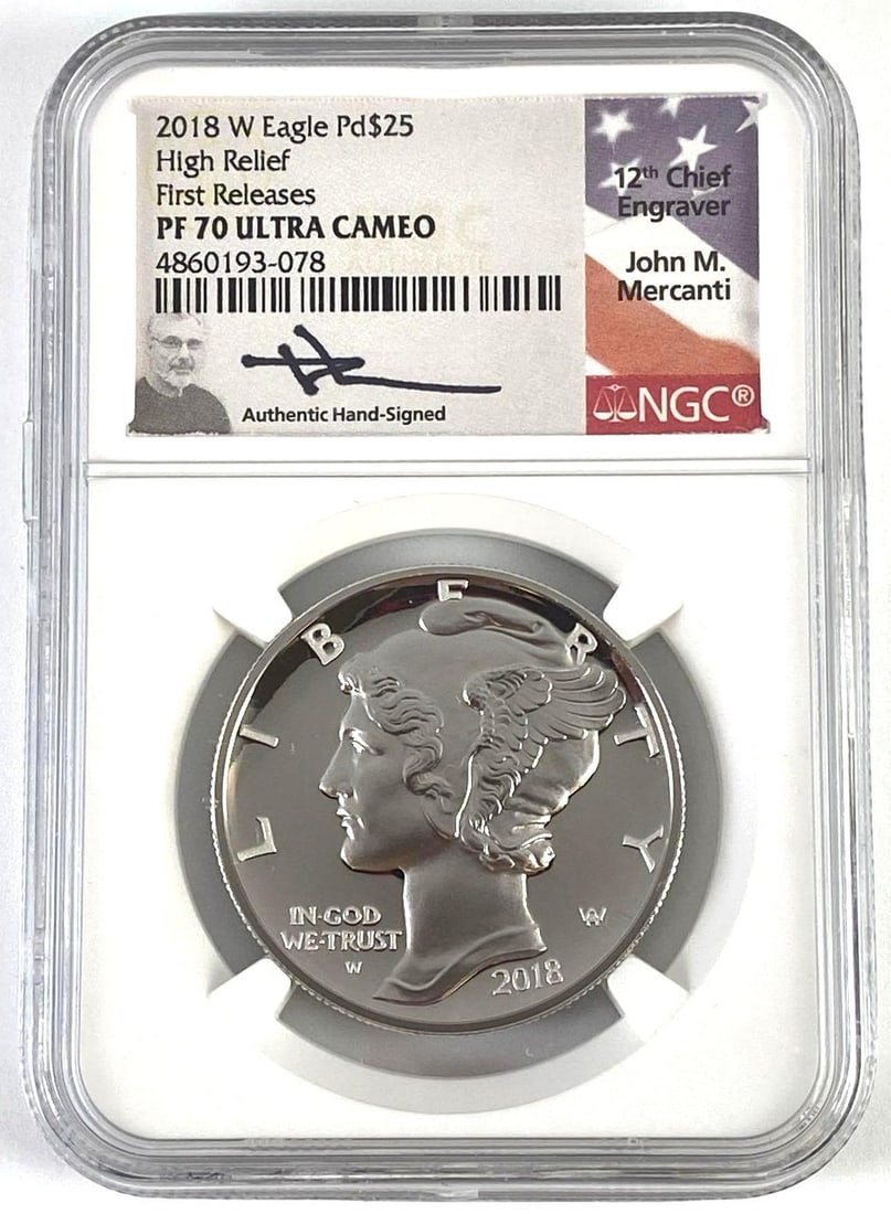NGC Graded 2018 $25 US W Eagle Palladium Coin MS70: First releases, 12th Chief Engraver John M. Mercanti Signature edition.