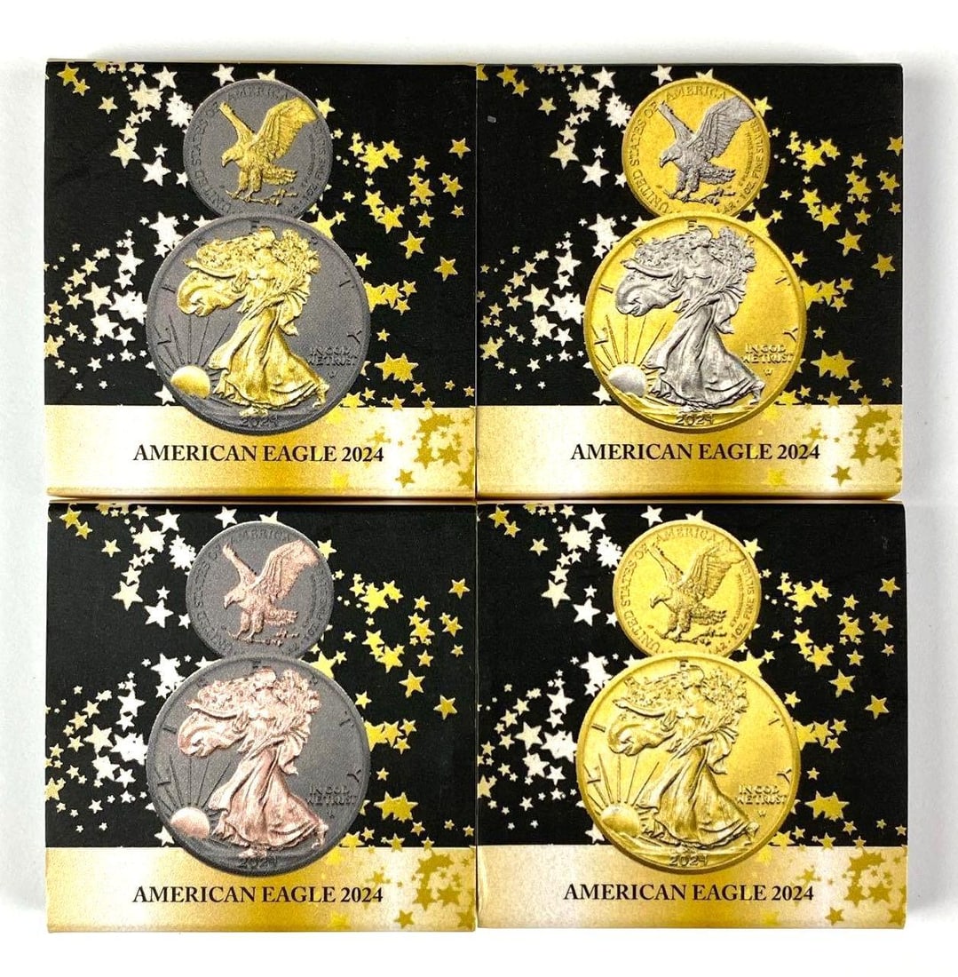 Group of 4 2024 Gilded American Silver Eagle 1 oz .999 Fine Silver Coins: All have a Mintage of 1000.