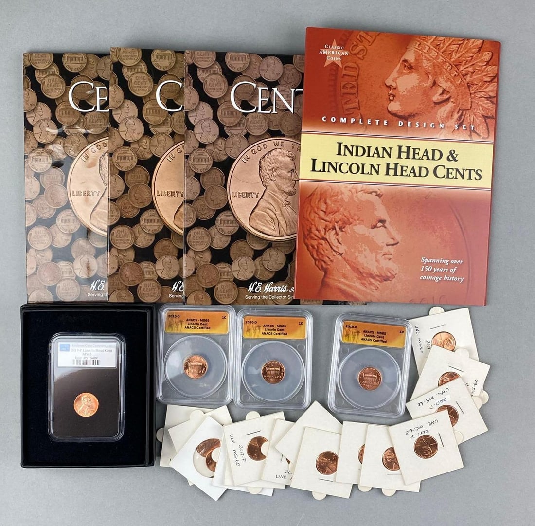Group of 100 US Cents: 3 Folders are incomplete. 1 Indian Head and 99 Lincoln Head cents. Includes ANACS Graded, Folder, Complete design Set and More.
