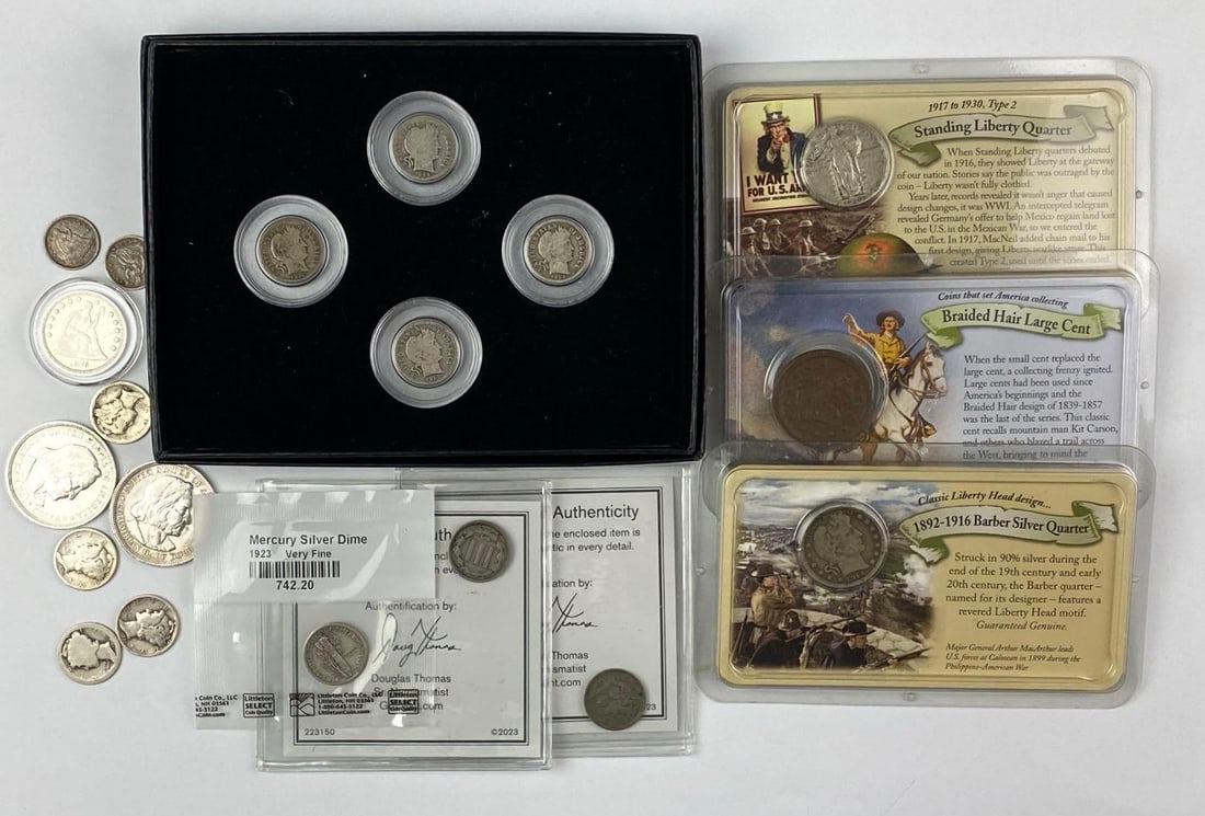 Group of 19 Assorted US Coins: Has some silver coins. Includes 1893 Colombian Exposition Half Dollar, 1923 Mercury silver dimes, 1847 Braided hair large cent and more.