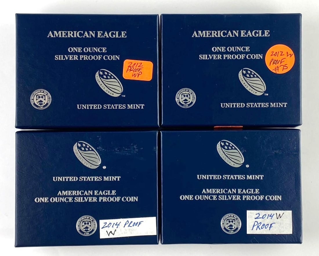 Group of 4 Proof United States Mint 1 Oz American Silver Eagles: Includes 2012 and 2014 US 1 Oz American Silver Eagles