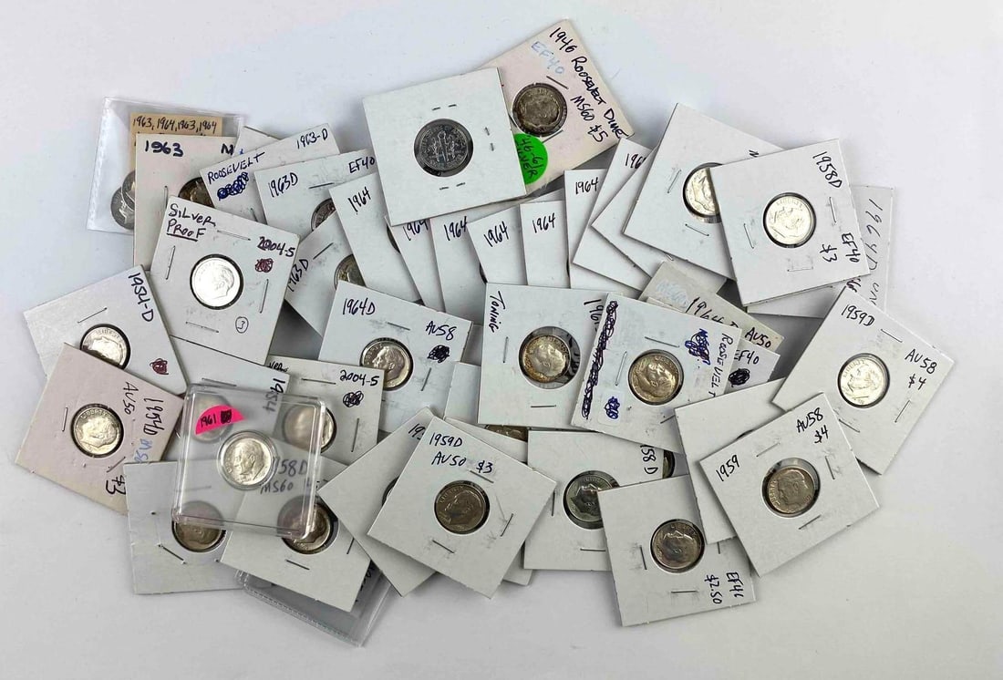 Group of 48 US Roosevelt Silver Dimes: Includes years ranging 1940s-1960s