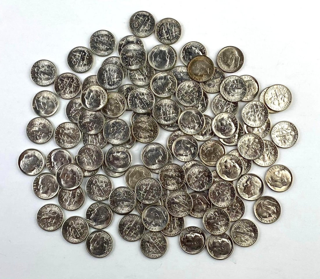 Group of 100 1955 US Roosevelt Silver Dimes: Group of 100 1955 US Roosevelt Silver Dimes