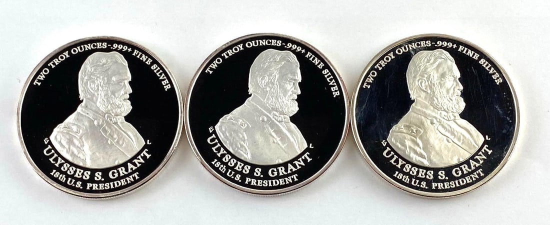 Group of 3 Rotary Club Of Galena 2 Oz .999 Fine Silver Ulysses S. Grant Commemorative Round: from a series commemorating nine Civil War generals from Galena, Illinois.