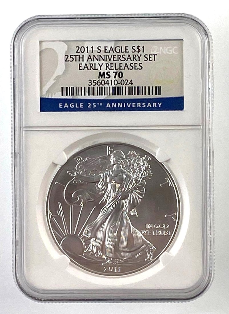 2011 S US 1 oz .999 Fine Silver American Eagle NGC Graded MS70: 25th Anniversary Set Early Releases