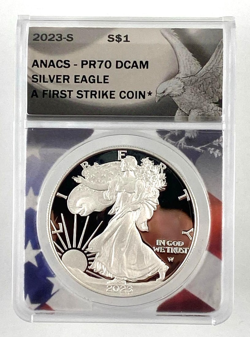 2023 S US 1 oz .999 Fine Silver American Eagle ANACS Graded PR70 DCAM: First Strike Coin