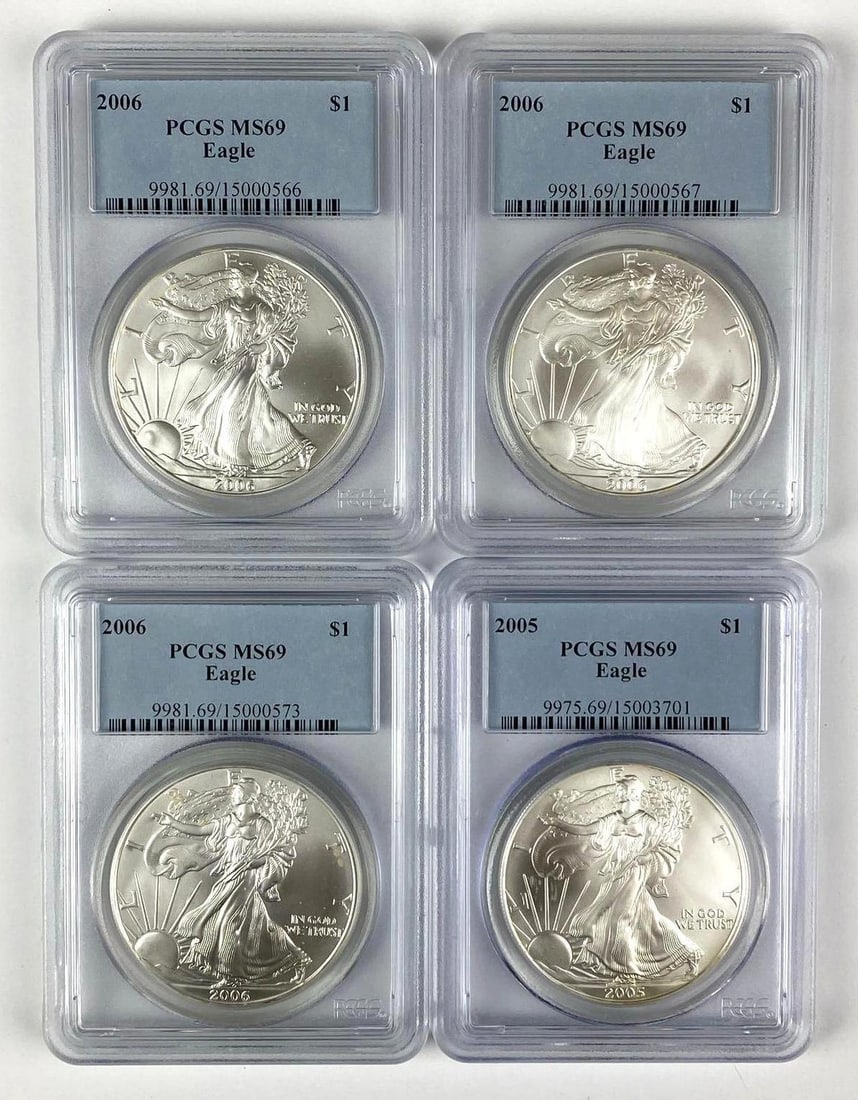Group of 4 American Silver Eagle $1 1 oz PCGS Graded MS69: Includes year 2005 and 3 2006