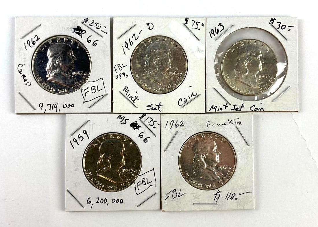 Group of 5 US Franklin Silver Half Dollars (1 of 1)