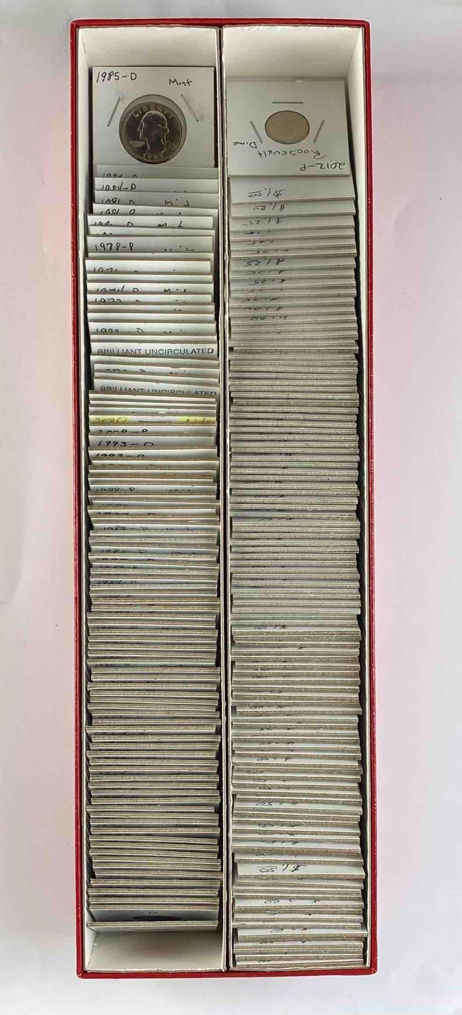 Group of 150 + Clad US Washington Quarters and More: Includes US Lincoln Pennies, Clad US Roosevelt Dimes, and more. Circa 1970?s-2000?s.