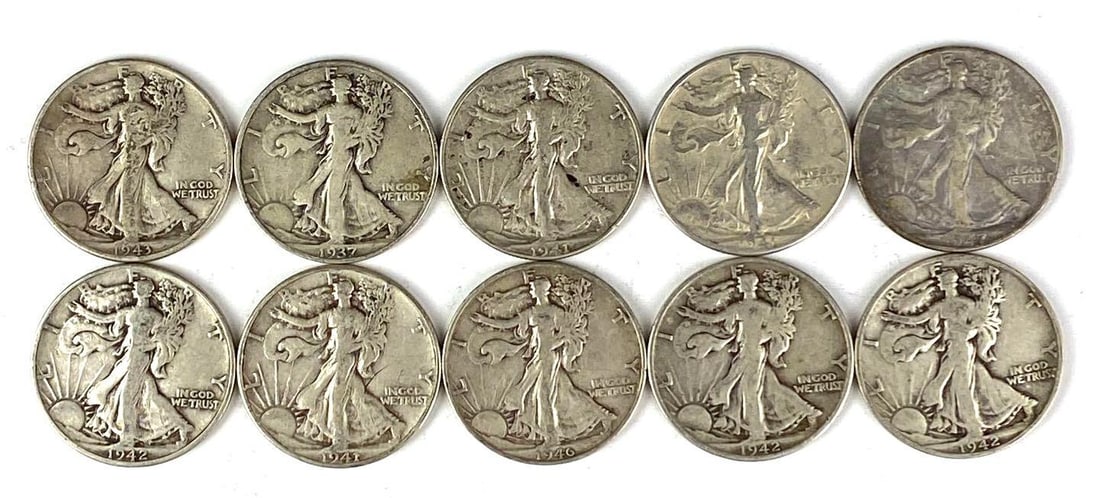 Group of 10 US Walking Liberty Silver Half Dollars (1 of 2)