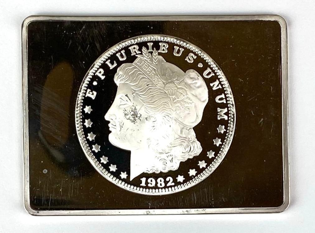 1982 Morgan Design 2 oz .999 Silver Ingot/ Bar: 1982 Morgan Design 2 oz .999 Silver Ingot/ Bar