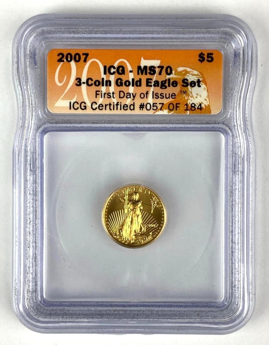 2007 $5 1/10 oz American Gold Eagle ICG Graded MS70: First Day of Issue