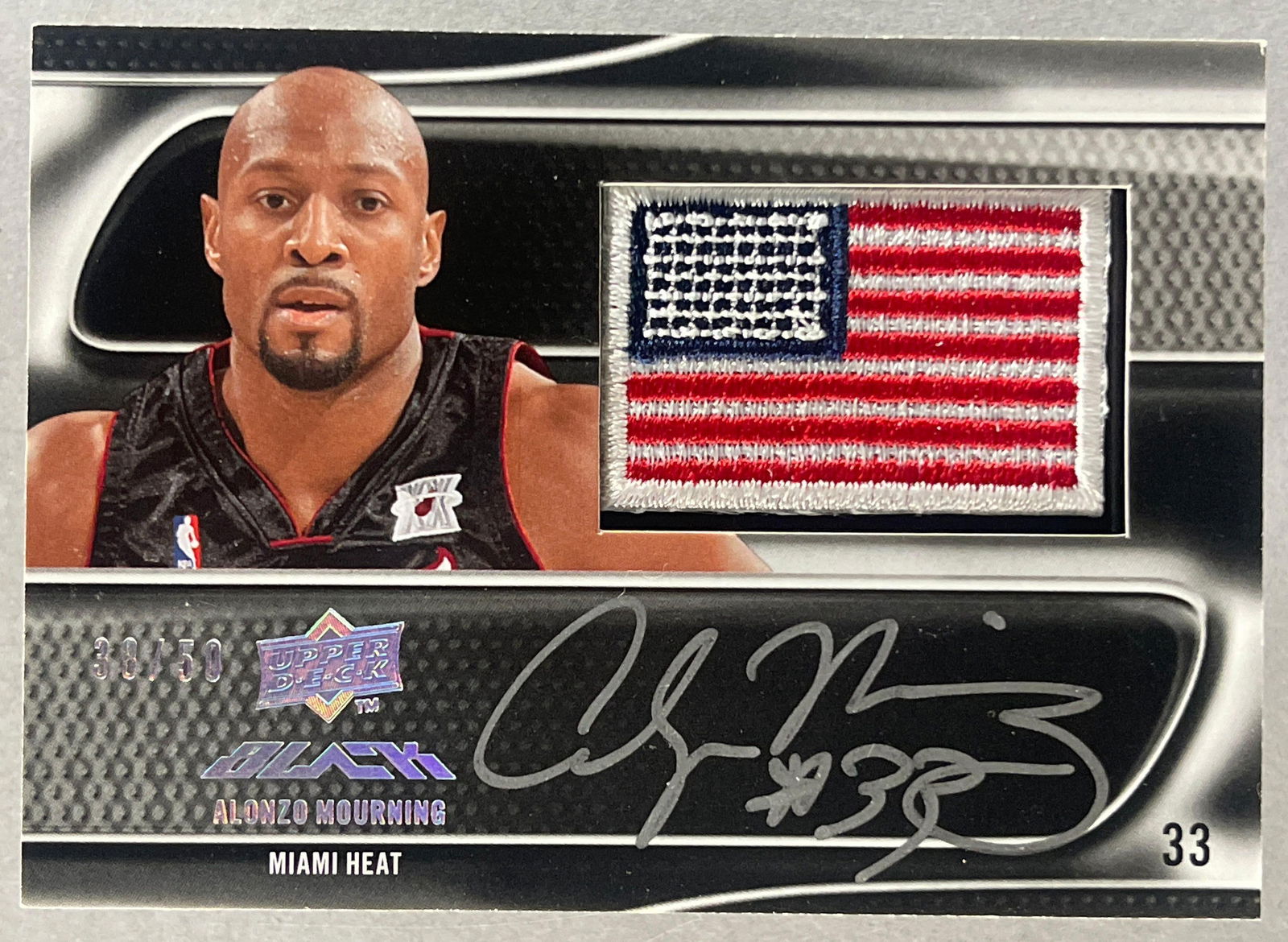 2008 - 09 UD Black USA Flag Patch Auto Alonzo Mourning 38/50: 38/50 Auto Flag Patch
