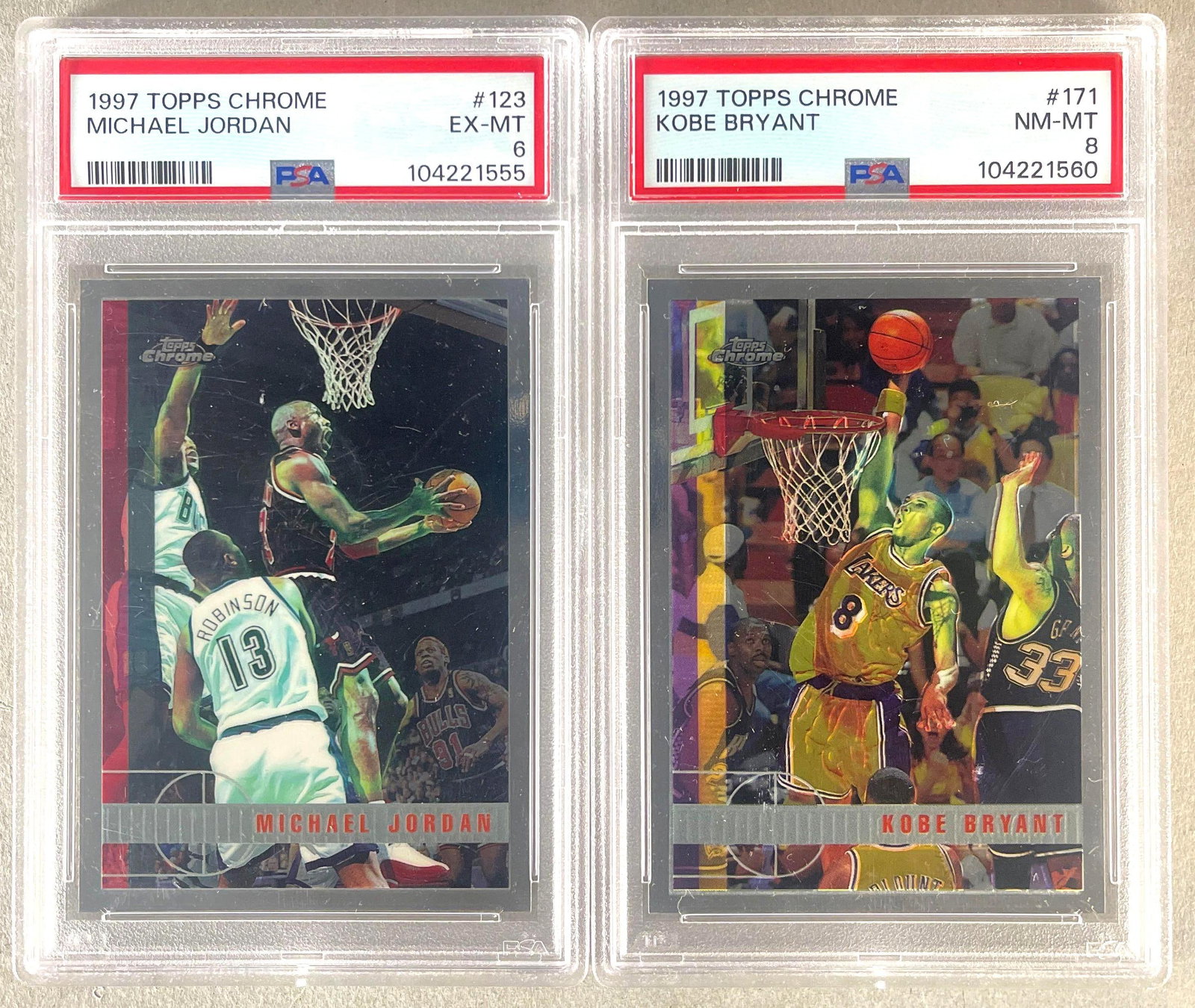 2 - 1997 Topps Chrome Michael Jordan #123 and Kobe Bryant #171 PSA Graded: Michael Jordan #124 PSA 9, Kobe Bryant #171 PSA 8