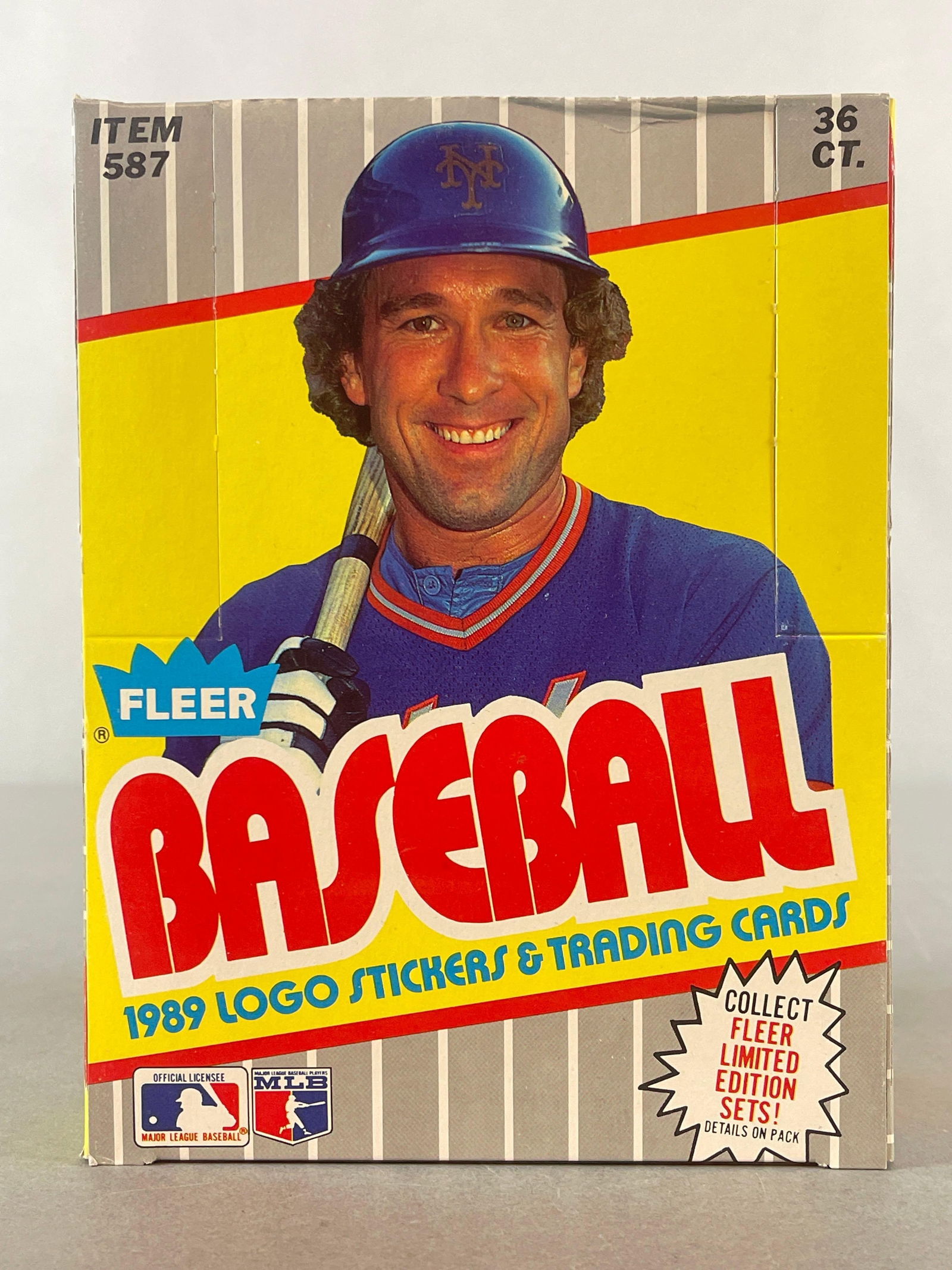 1989 Fleer Baseball Wax Box from Original F-Face Error Case: One unopened 1989 Fleer Baseball wax box from a F-Face error case. Code is 83571, which means it was produced the 357th day or 1988, December 22, on the first shift, The Randy Johnson Marlboro Error c