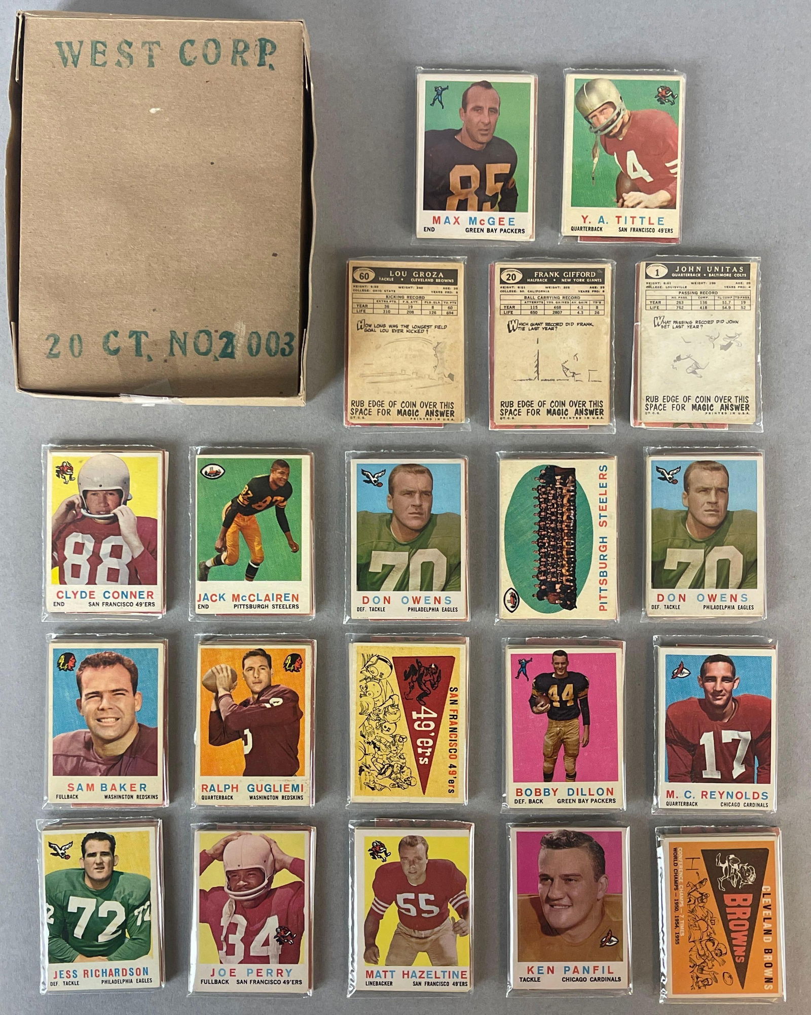 1959 Topps Football West Corps Cello Fun Pack Vending Box of 20: 10 - Cards per pack, West Corps was a repacking company in the 1970s, John Unitas, Y.A. Tittle, Frank Gifford, Max McGee, and More