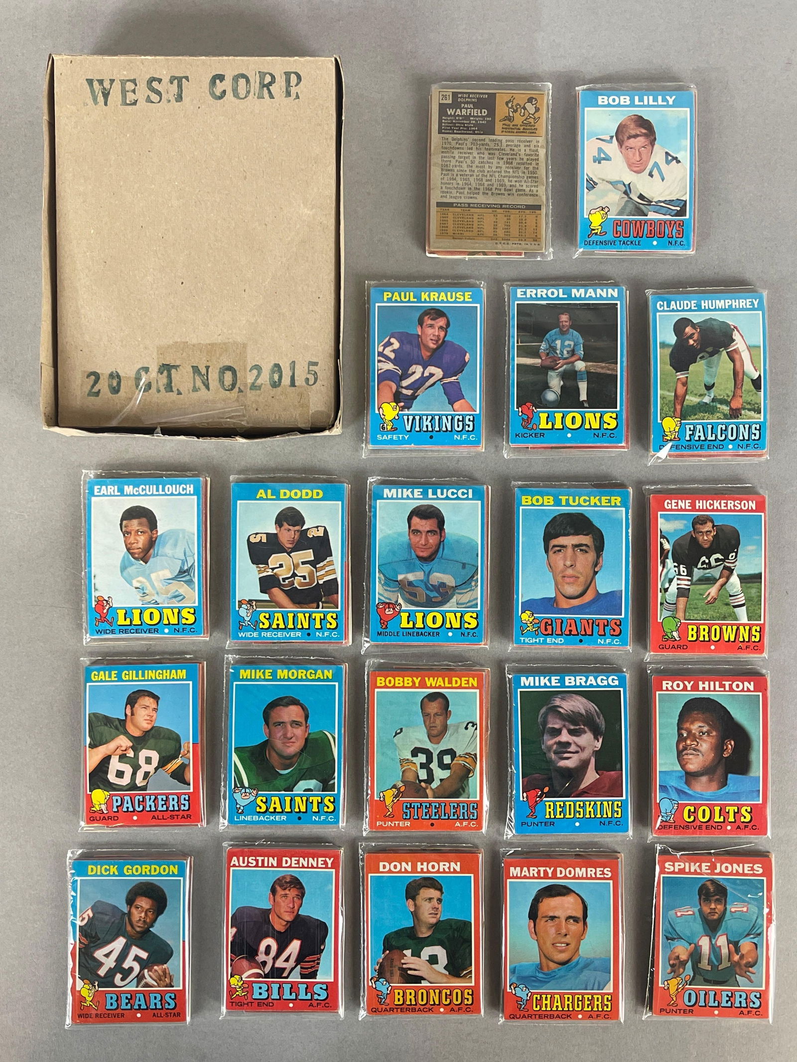 1971 Topps Football West Corps Cello Fun Pack Vending Box of 20 Showing Paul Warfield and Bob Lilly: 10 - Cards per pack, West Corps was a repacking company in the 1970s, Possible Terry Bradshaw Rookie