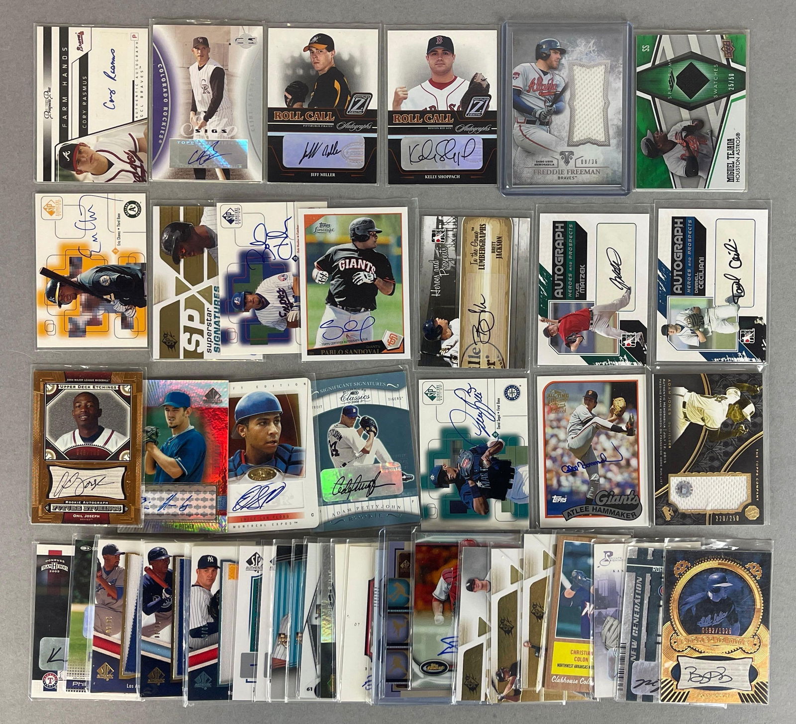 43 - 2000s Topps Tribute, Upper Deck, Topps Finest, SPX Jersey, and Auto Cards: 2015 Topps Triple Threads Freddie Freeman Jumbo Jersey 6/36, 2008 SPX superstar signatures Hanley Ramirez, 2008 Spectrum Swatches Miguel Tajada 25/50, and Much More