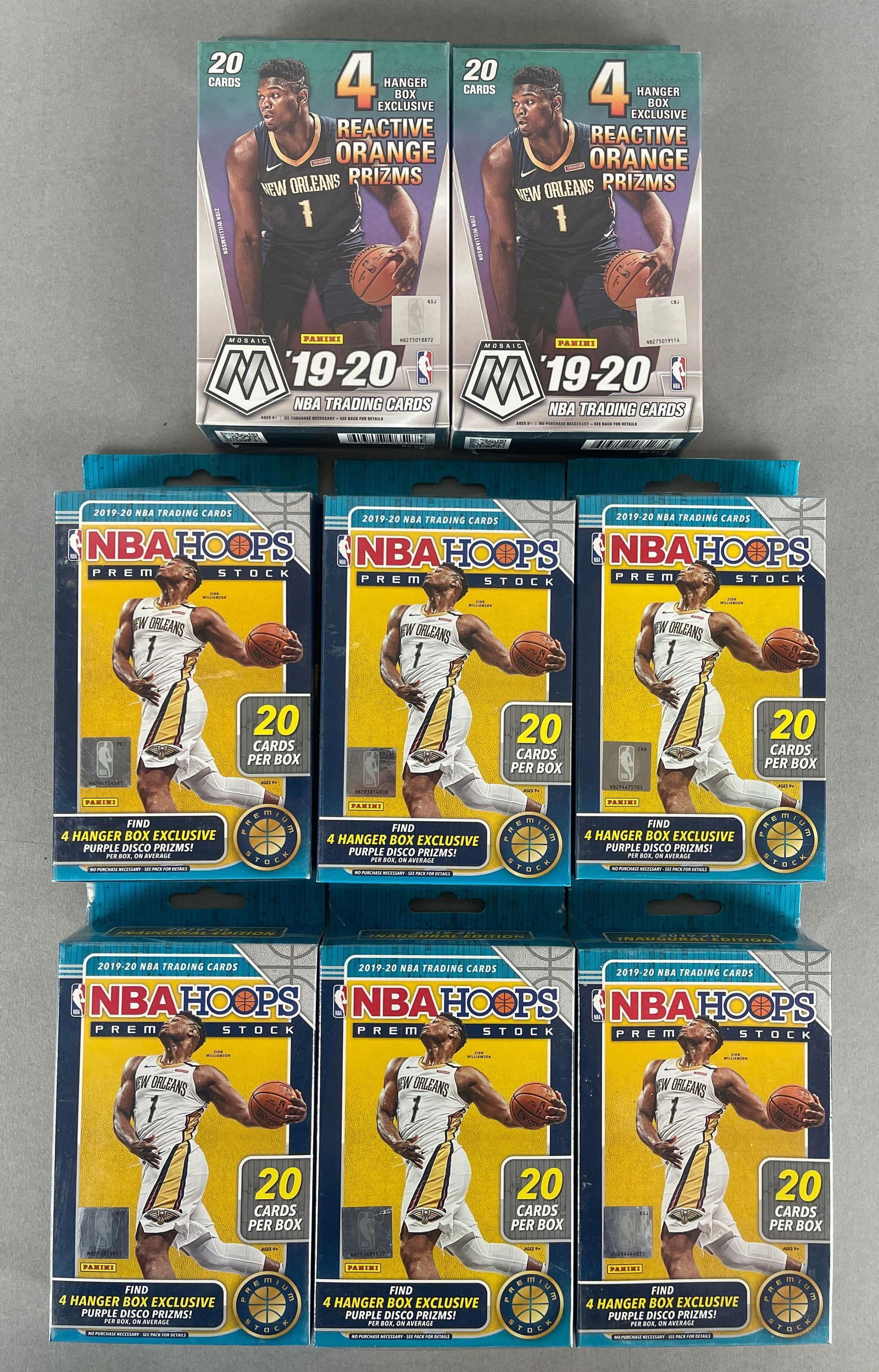 8- 2019 Mosaic and NBA Hoops Premium Stock Basketball Hanger Boxes: 2 - Mosaic - 20 - Cards per box, 6 - Hoops - 20 - Cards per box